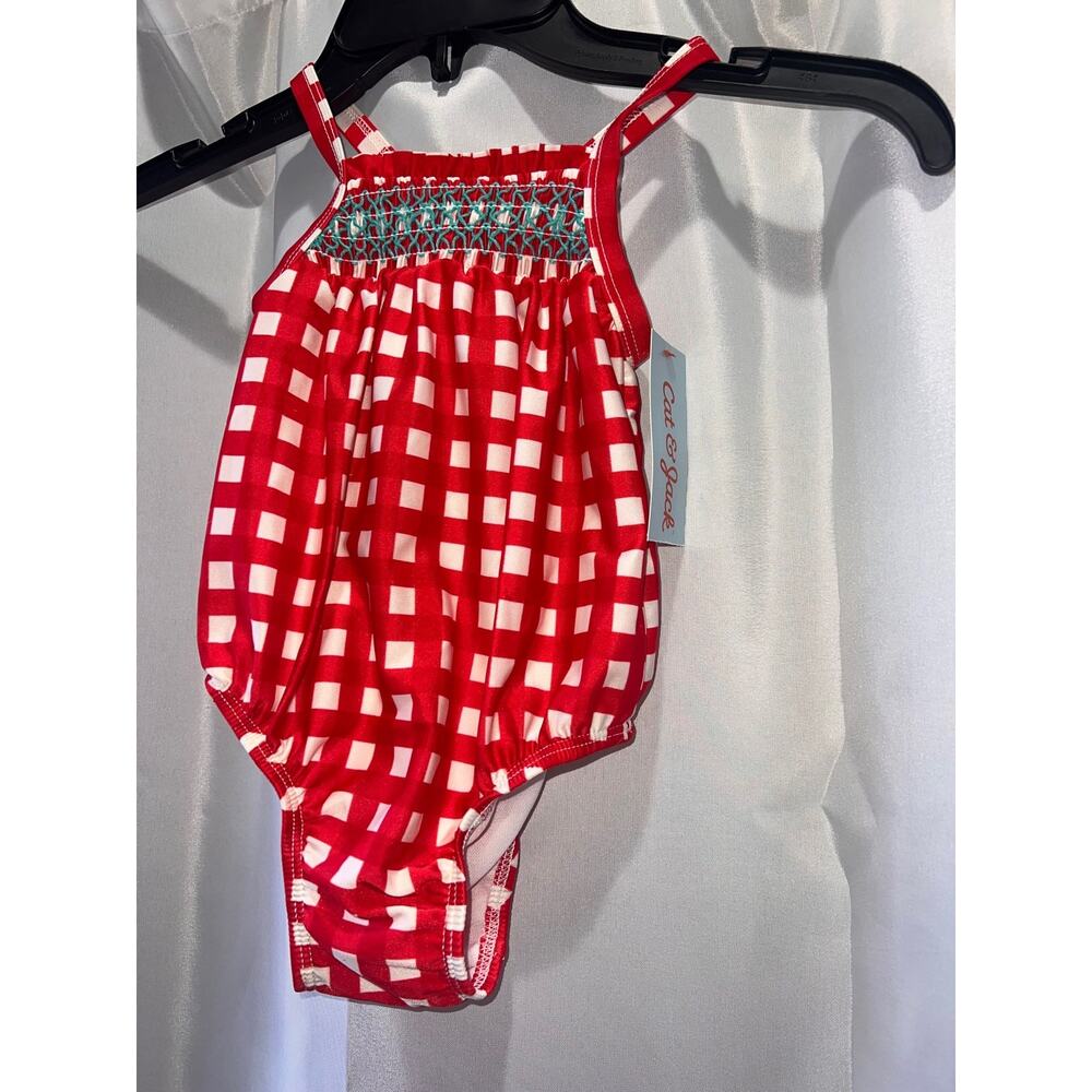 NWT Cat & Jack Red Plaid Swimsuit Baby Girl Size 18M